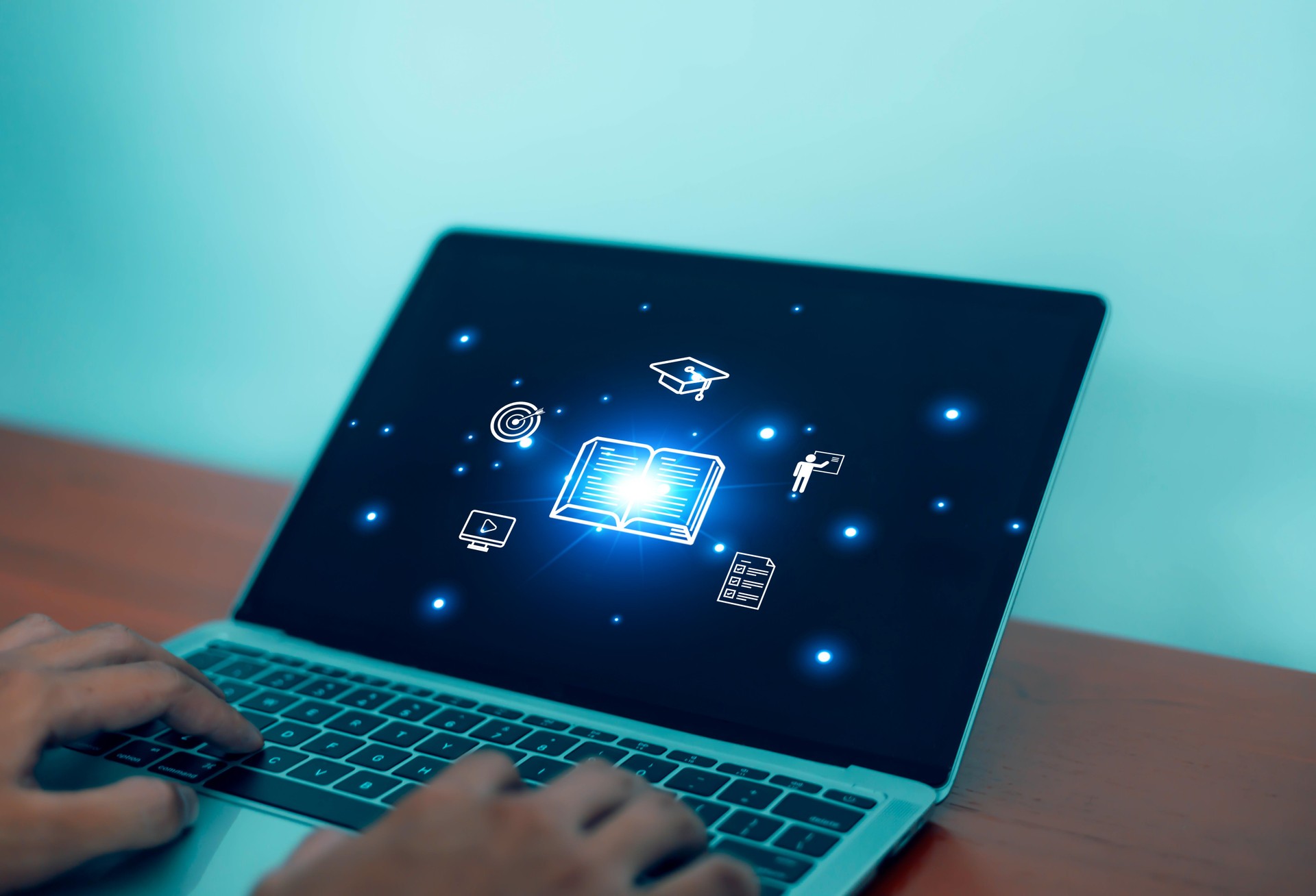Man with virtual screen Online Education Concept Choose the correct answer Online Digital Technology Concept Online Learning Training Course Digital
