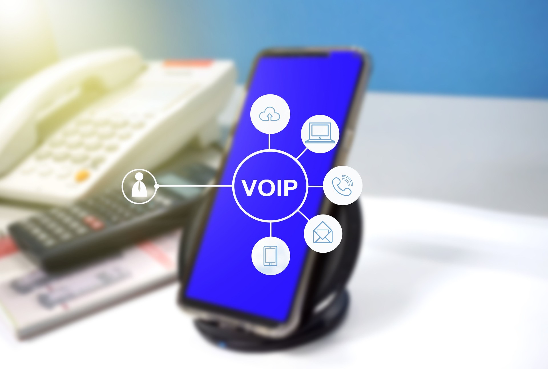 Digital marketing via multi-channel communication network icon on mobile smartphone application technology and VOIP voice over internet protocol telephone service concept